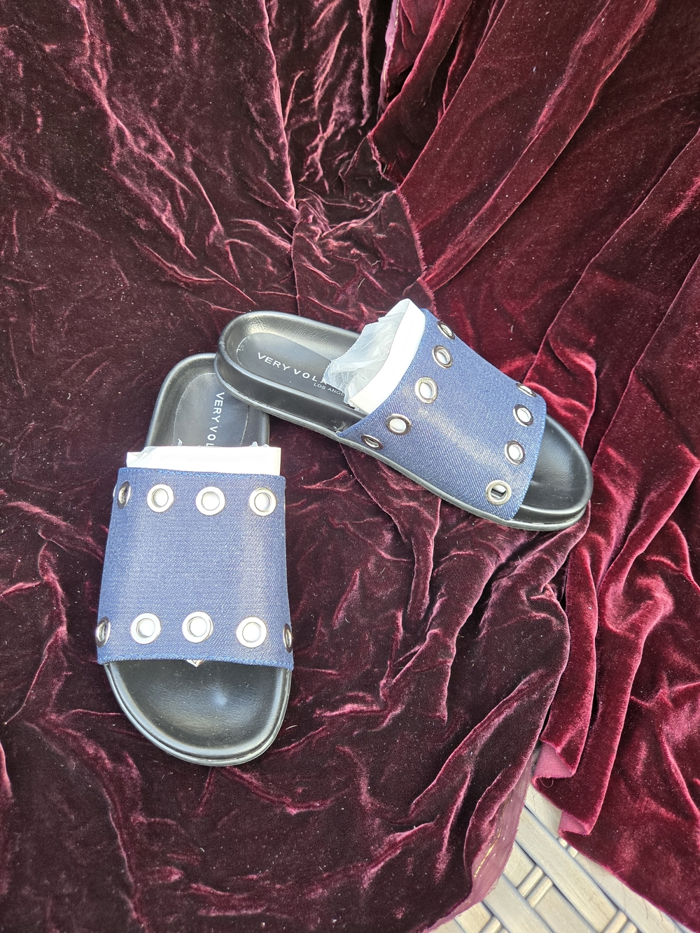 Very Volatile Denim Slide Sandals Studded Grommet Strap Size 7
